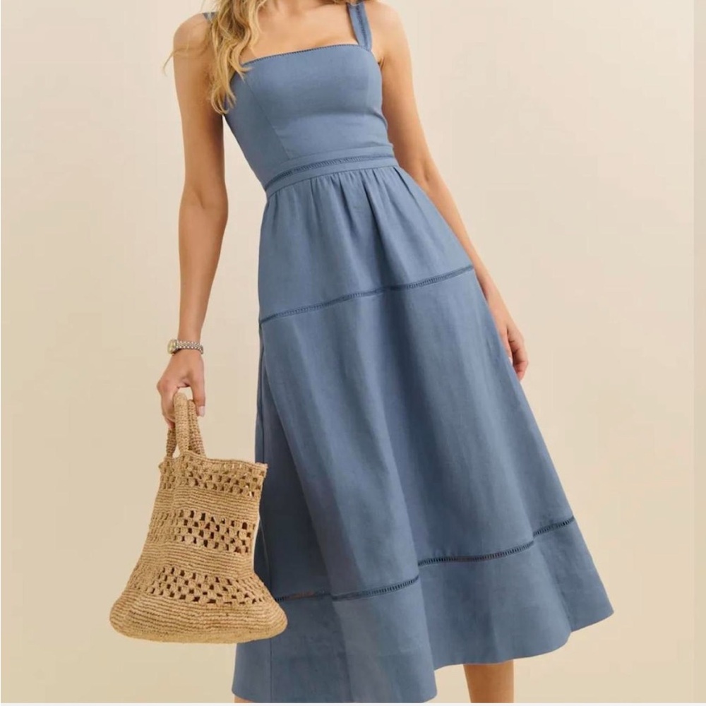 Reformation Everett Cornflower Blue Square-Neck Midi Dress